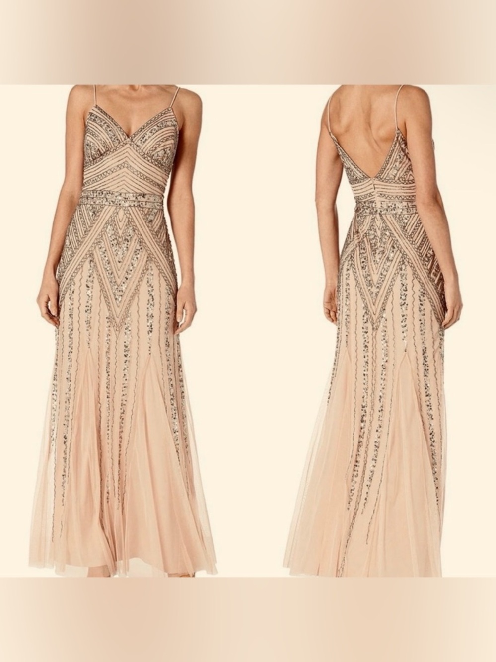 NWT- Marina Embellished Cream Mesh Evening Gown - Picture 5 of 5